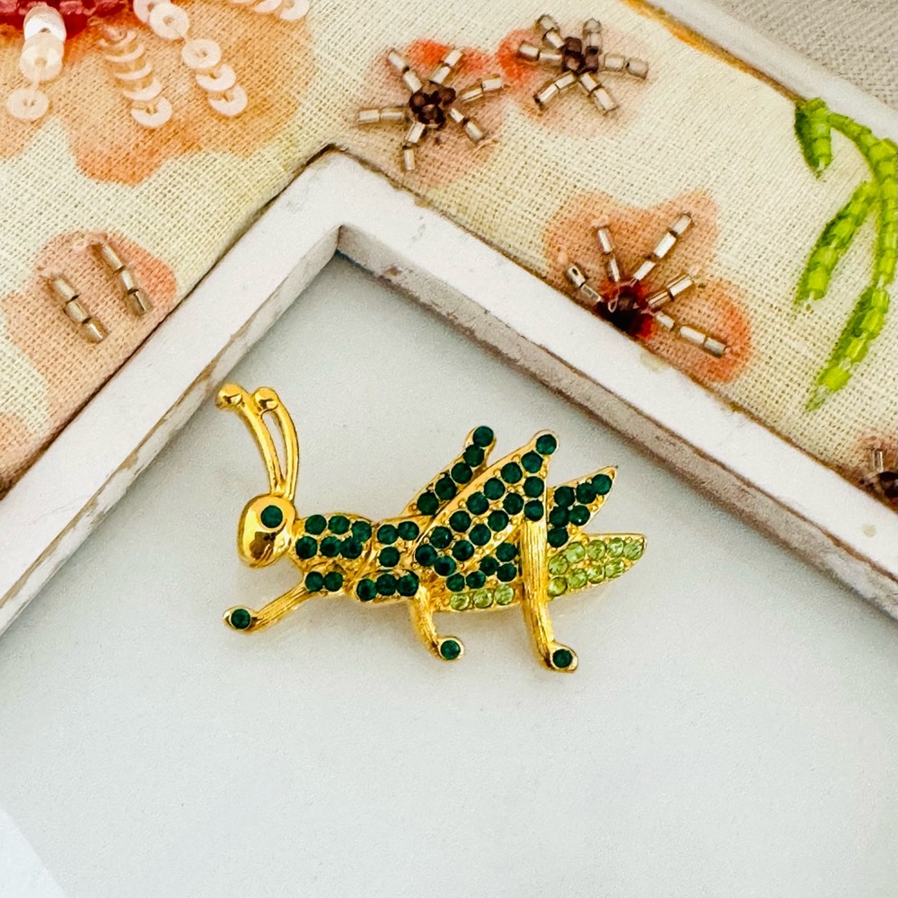Monet Grasshopper Brooch for Insect Lovers Geeen Crystal Collector Jewelry